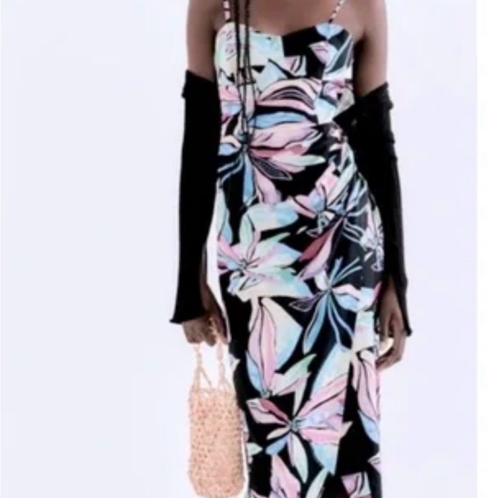 ZARA Linen Blend Tropical Print Corset Dress Women's Size Medium